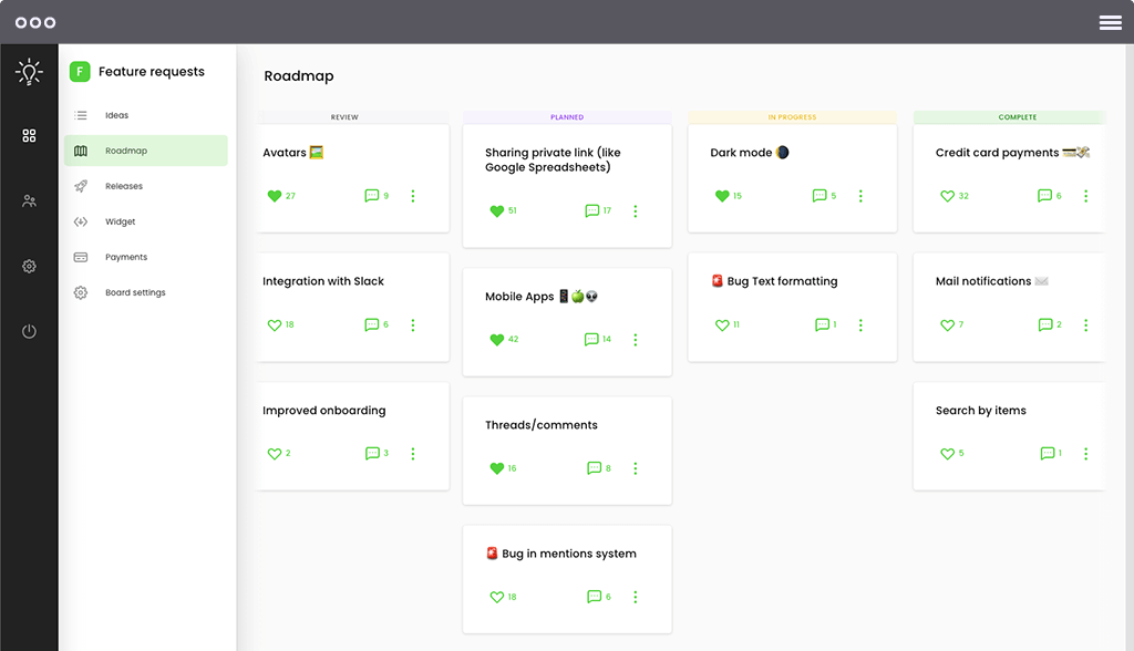 Ideolo Feedback App - preview of Roadmap